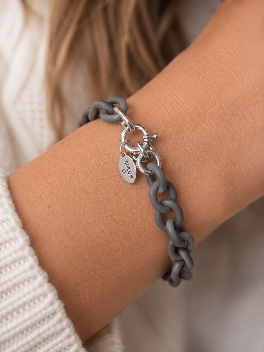 Chico's Chunky Matte Gray Chain Link Bracelet Silver Tone NWT
